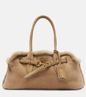 Miu Miu Adventure Shearling-Lined Suede Tote Bag - Natural