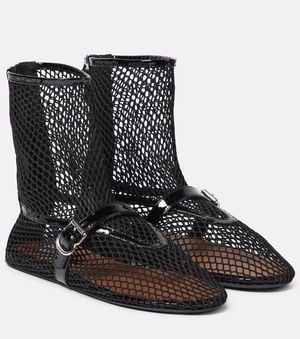 Alaïa Fishnet Leather-Trimmed Ankle Boots - Black