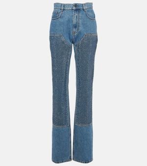 Area Crystal Embellished High Waist Straight Leg Jeans - Blue
