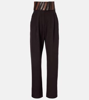 Alaïa Pantalones Rectos De Lana Con Piel - Negro