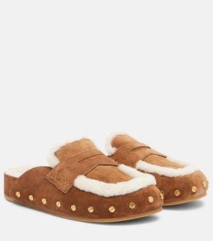 Veronica Beard Fenix Shearling-Lined Suede Mules - Brown