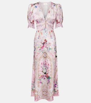 CAMILLA Lace-Trimmed Printed Silk Midi Dress - Pink