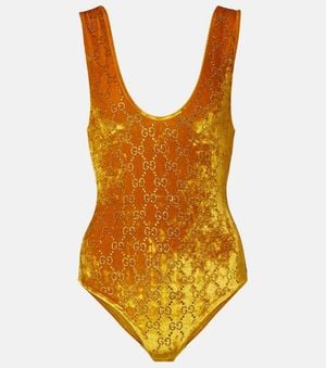 Gucci Gg Embellished Velvet Bodysuit - Orange