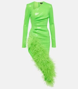 David Koma Sequined Feather-Trimmed Midi Dress - Green