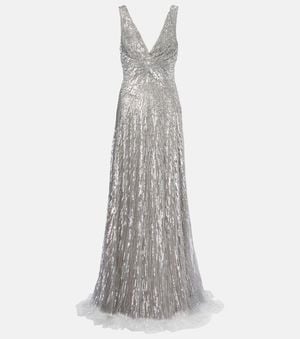 Monique Lhuillier Sequined Tulle Gown - Grey