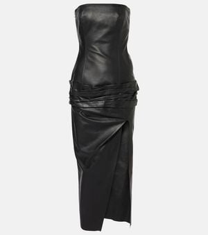 The Attico Draped Strapless Leather Midi Dress - Black