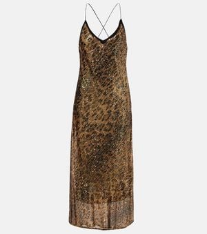 Roberto Cavalli Leopard-Print Sequined Slip Dress - Natural