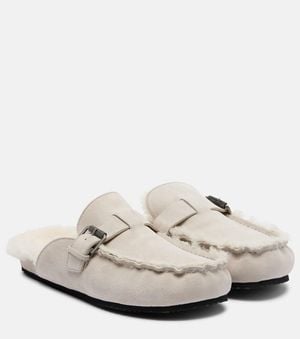 Brunello Cucinelli Slippers Monili Aus Veloursleder Mit Shearling - Weiß