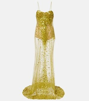 The Attico Sequined Sheer Mesh Gown - Yellow