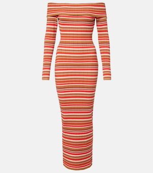Bananhot Bonnie Ribbed-Knit Striped Off-Shoulder Maxi Dress - Red