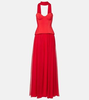 Monique Lhuillier Vermilion Crepe And Chiffon Corset Gown - Red
