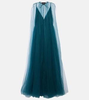 Costarellos Cassandra Caped Tulle Gown - Blue
