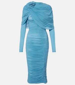 Magda Butrym Floral-Applique Ruched Caped Midi Dress - Blue