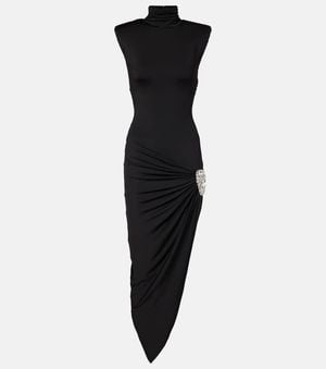 Area Asymmetric Embellished Jersey Midi Dress - Black