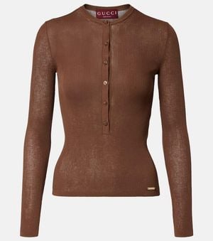 Gucci Ribbed-Knit Cotton Henley Shirt - Brown