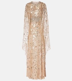 Jenny Packham Honey Dew Caped Embellished Gown - Natural