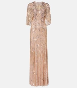 Jenny Packham Astra Sequined Caped Gown - Natural