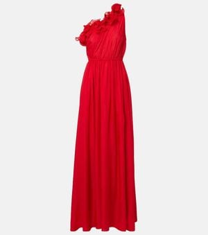 LEO LIN Jenni Draped Floral-Applique Silk Gown - Red