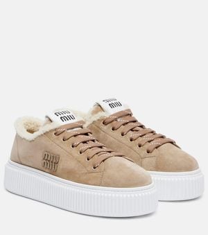 Miu Miu Shearling-Lined Suede Platform Sneakers - Natural