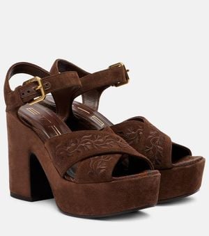 Etro Floral Embroidered Suede Platform Sandals - Brown