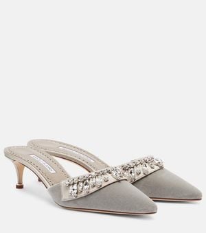 Manolo Blahnik Tulipe 50 Embellished Velvet Mules - White