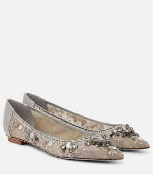 Rene Caovilla Embellished Leather-Trimmed Ballet Flats - Metallic