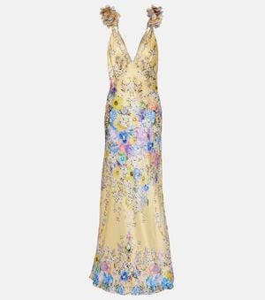 CAMILLA Embellished Floral Ruffled Silk Satin Maxi Dress - Metallic