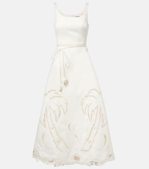LEO LIN Palm Laser-Cut Embroidered Midi Dress - White