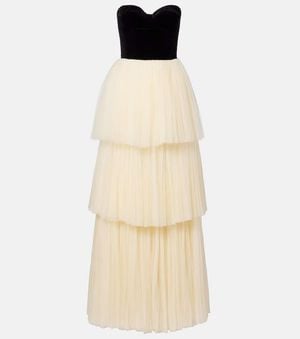 Costarellos Plisse Velvet-Trimmed Tulle Gown - Natural