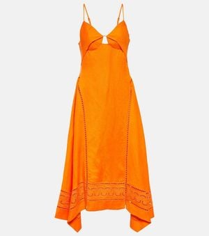 Jonathan Simkhai Valeria Laser-Cut Linen-Blend Midi Dress - Orange