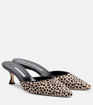 Manolo Blahnik Carolyne 50 Leopard-Print Calf Hair Mules - Metallic