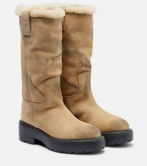 Miu Miu Shearling-Lined Suede Knee-High Boots - Natural