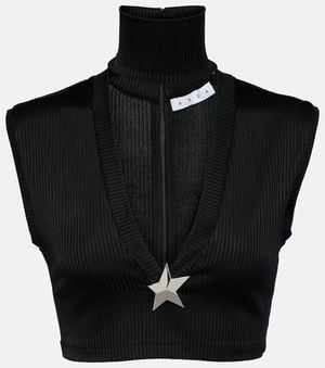 Area Star Stud Ribbed-Knit Crop Top - Black