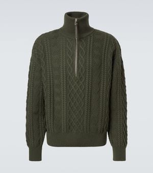 Loewe Aran-Knit Wool Half-Zip Turtleneck Sweater - Green