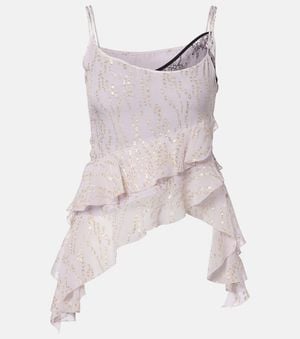 JACQUES WEI Printed Ruffled Asymmetric Silk-Blend Top - Pink