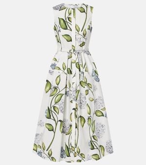 Oscar de la Renta Porcelain Flower Cotton-Blend Midi Dress - White