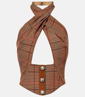 Area Checked Halterneck Wool-Blend Top - Brown