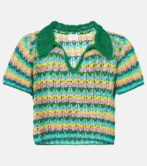 Anna Kosturova Striped Crochet Cotton Polo Shirt - Green