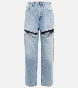 Area Embellished Cut-out Denim Jeans - Blue