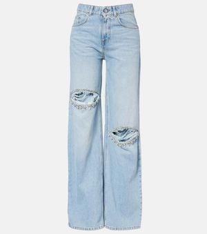 Area Distressed Embellished Wide-Leg Jeans - Blue