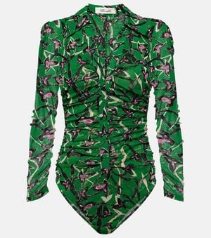 Diane von Furstenberg Giorgi Printed Mesh Bodysuit - Green