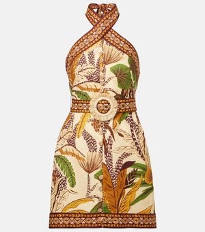 FARM Rio Foliage Sketch Linen Minidress - Metallic