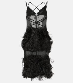 The Attico Sheer Feather-Trimmed Midi Dress - Black