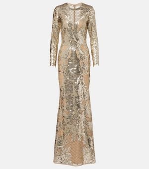 Elie Saab Embroidered Sequined Tulle Gown - Natural