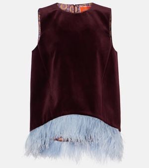 La DoubleJ La Scala Feather-Trimmed Cotton Velvet Top - Red