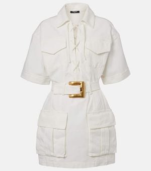 Balmain Belted Lace-Up Cotton-Canvas Mini Dress - White