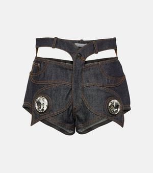 Area Embellished Cutout Denim Shorts - Black