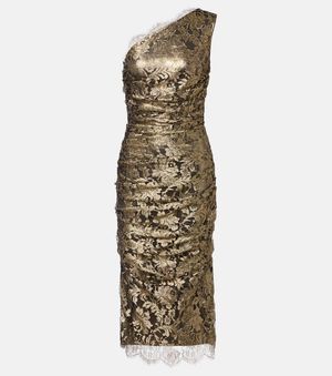 Dolce & Gabbana Gold Floral Lace Crystal Gown Cape Dress