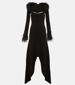 The Attico Feather-Trimmed Jersey Midi Dress - Black
