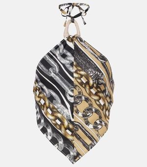 Area Printed Embellished Halter-Neck Crop Top - Metallic